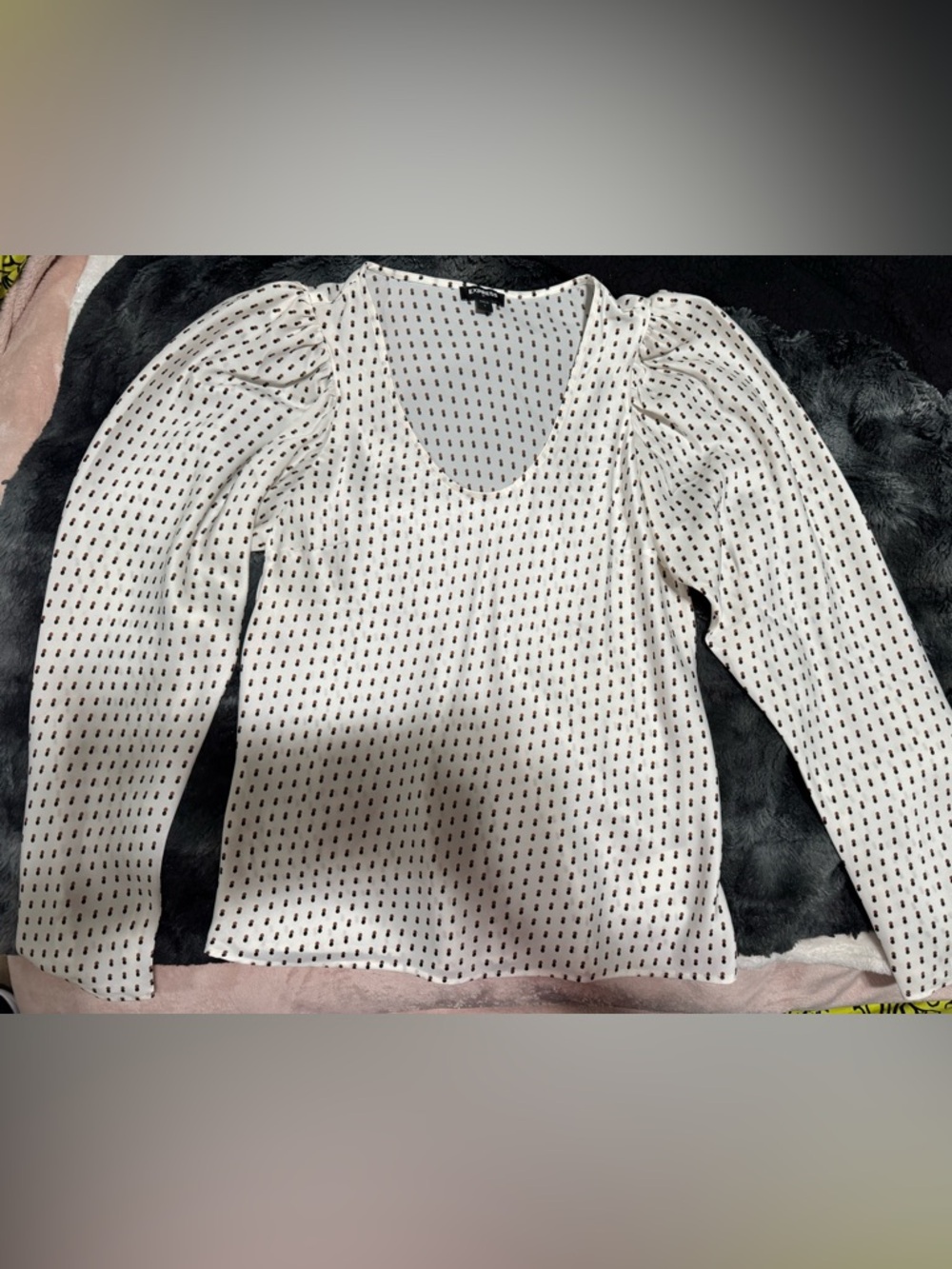Express White Puff-Sleeve Scoop Neck Top with Brown Dot Pattern